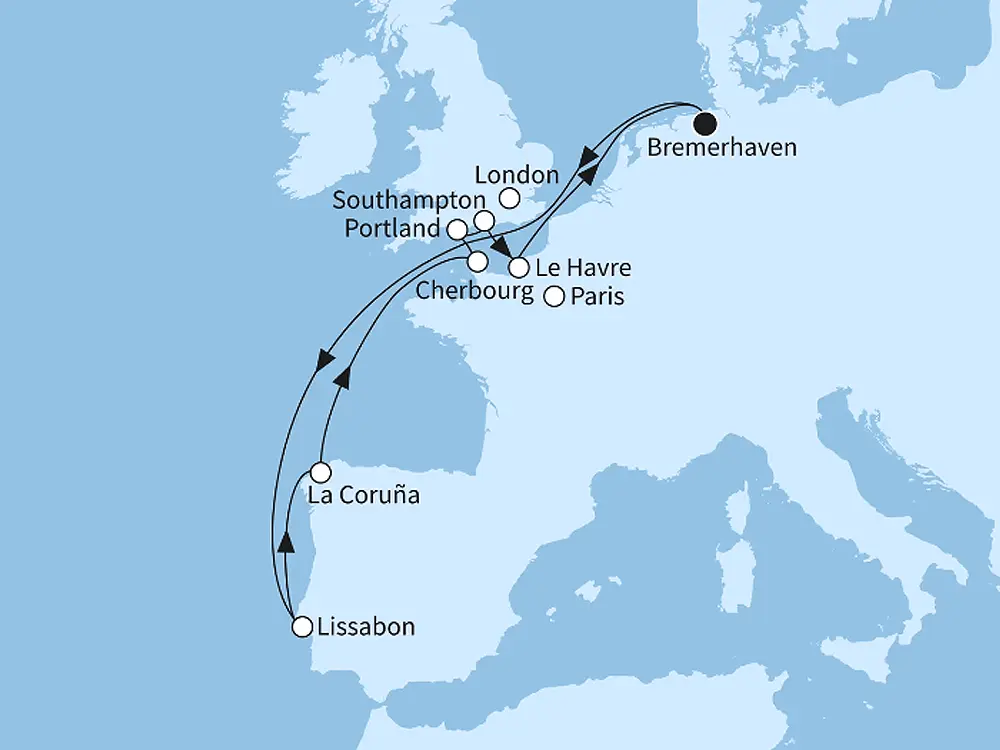 Westeuropas Vielfalt - ab/bis Bremerhaven - Routenbild
